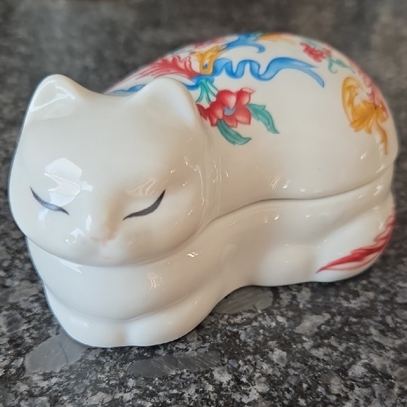 Ceramic 2 Piece Japan Colorful Floral Ribbon Cat Trinket Box - Picture 12 of 12